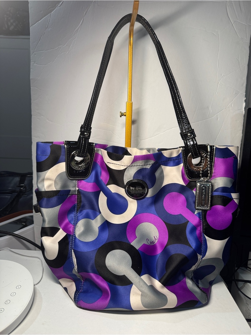 Coach Purple, Blue 14388 Signature Circle Tote with Black Trim Hobo Art sateen
